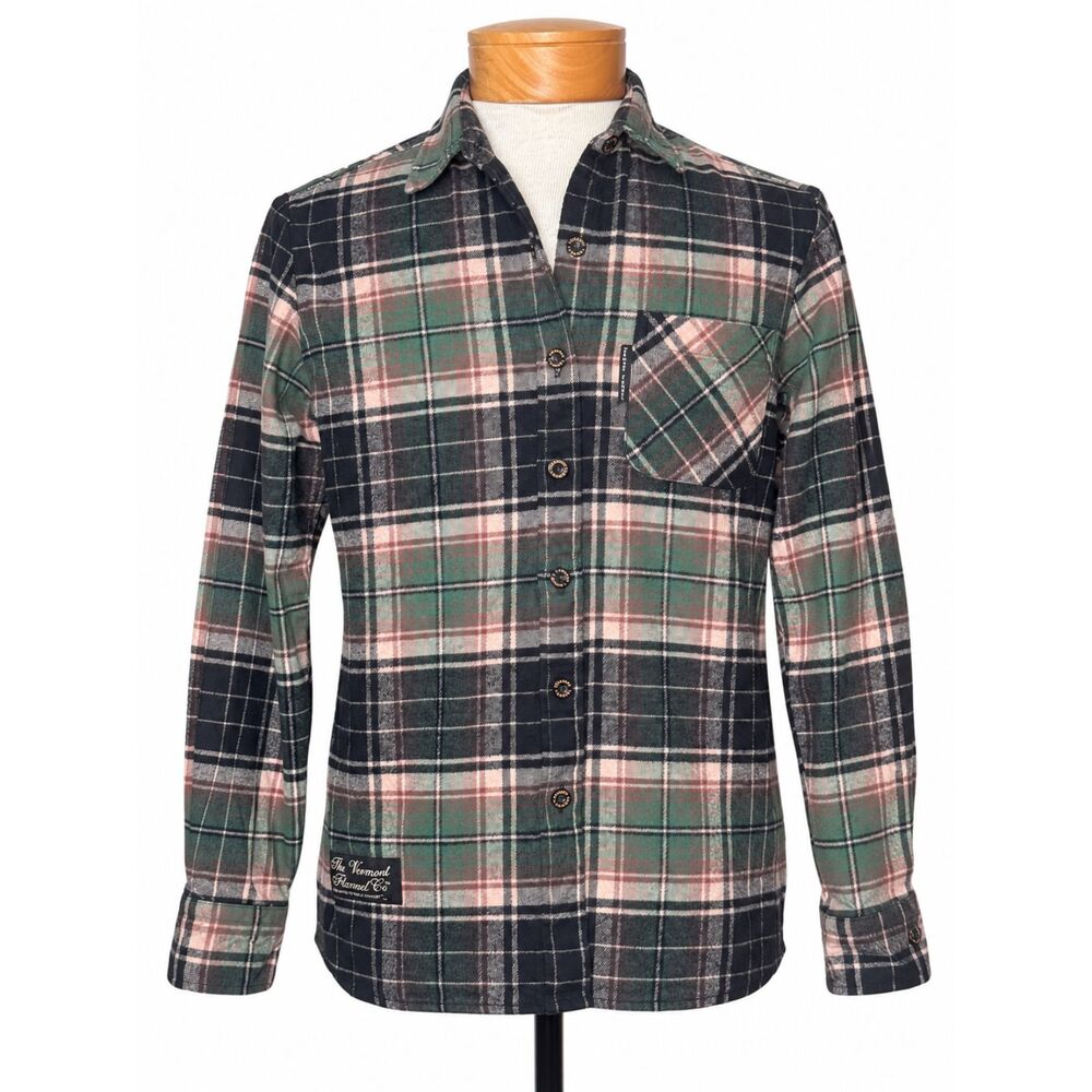 Vermont Flannel Co Fitted Flannel Shirt Medium M Green Plaid Organic Cotton USA